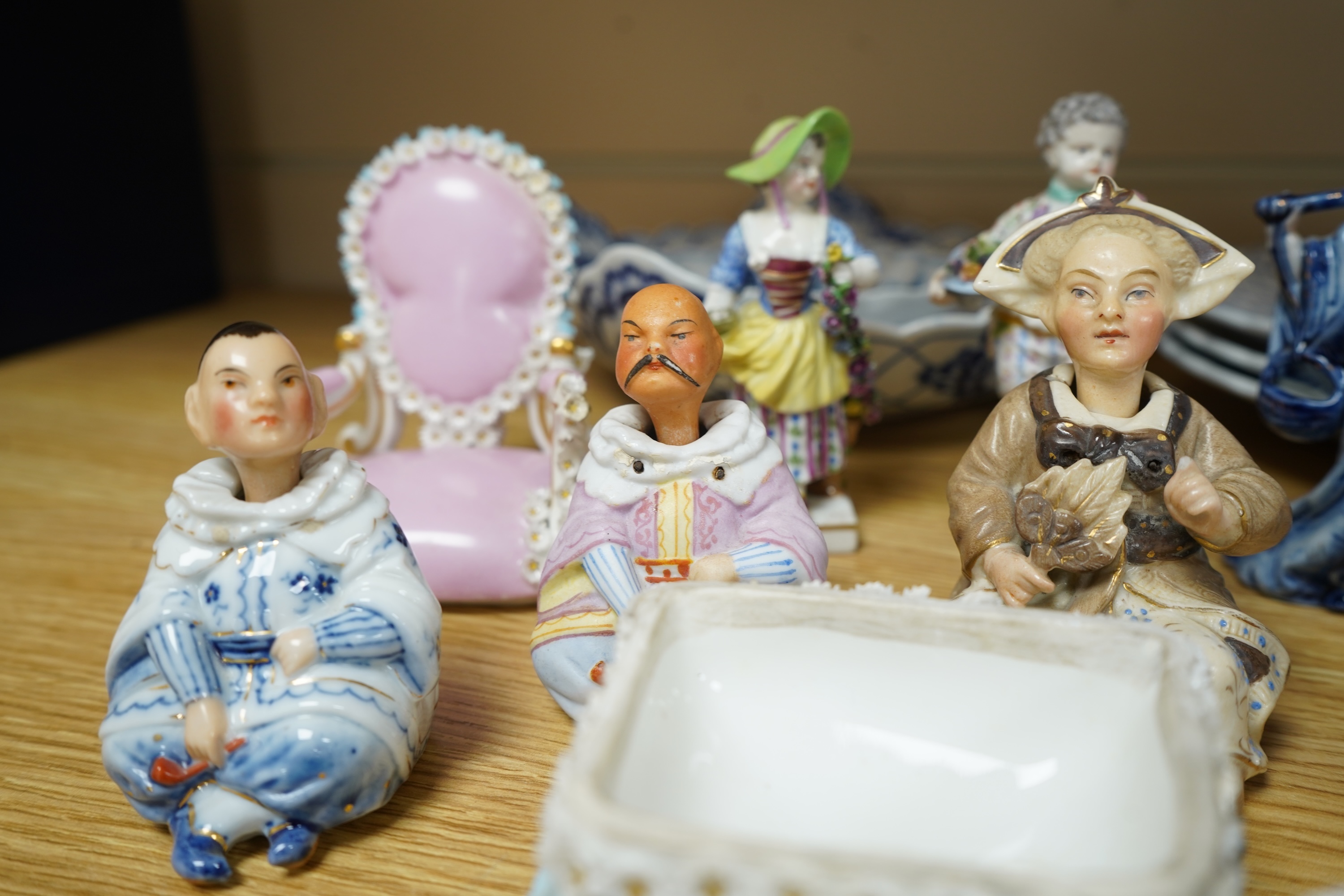 A collection of Meissen style blue and white china and various of nodding figures etc. largest item dish 21cm diameter